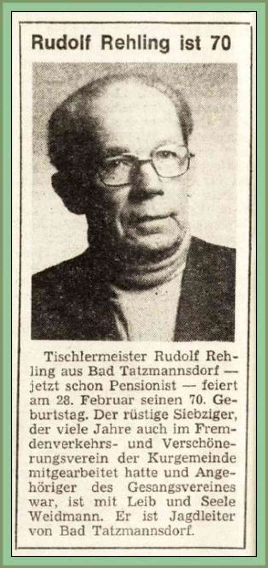 Tischlermeister Rudolf Rehling 70. Geburtstag