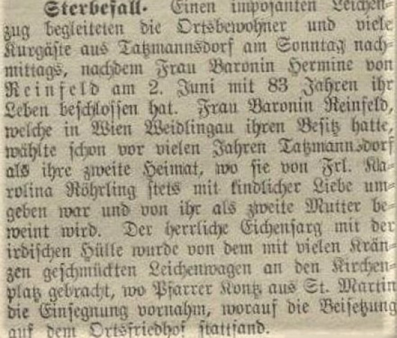 Bericht in der Oberwarther Sonntagszeitung zum Tod von Baronin Hermine von Reinfeld (geb. Eckhard, *1851/+1934)